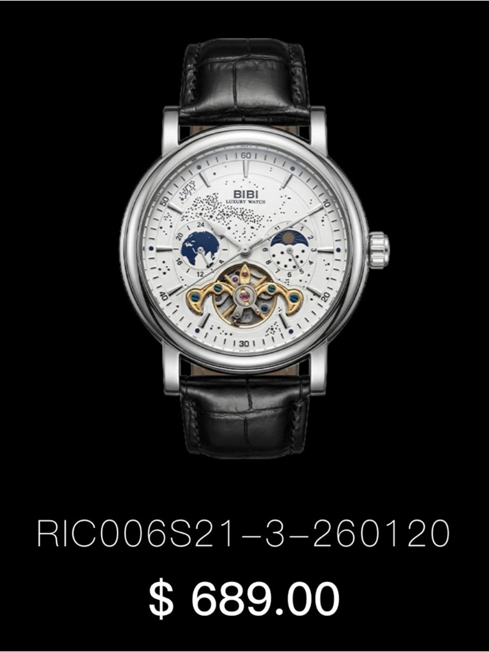 BiBi White Dial Mechanical Watch with Black leather Strap - Picture 7 of 7